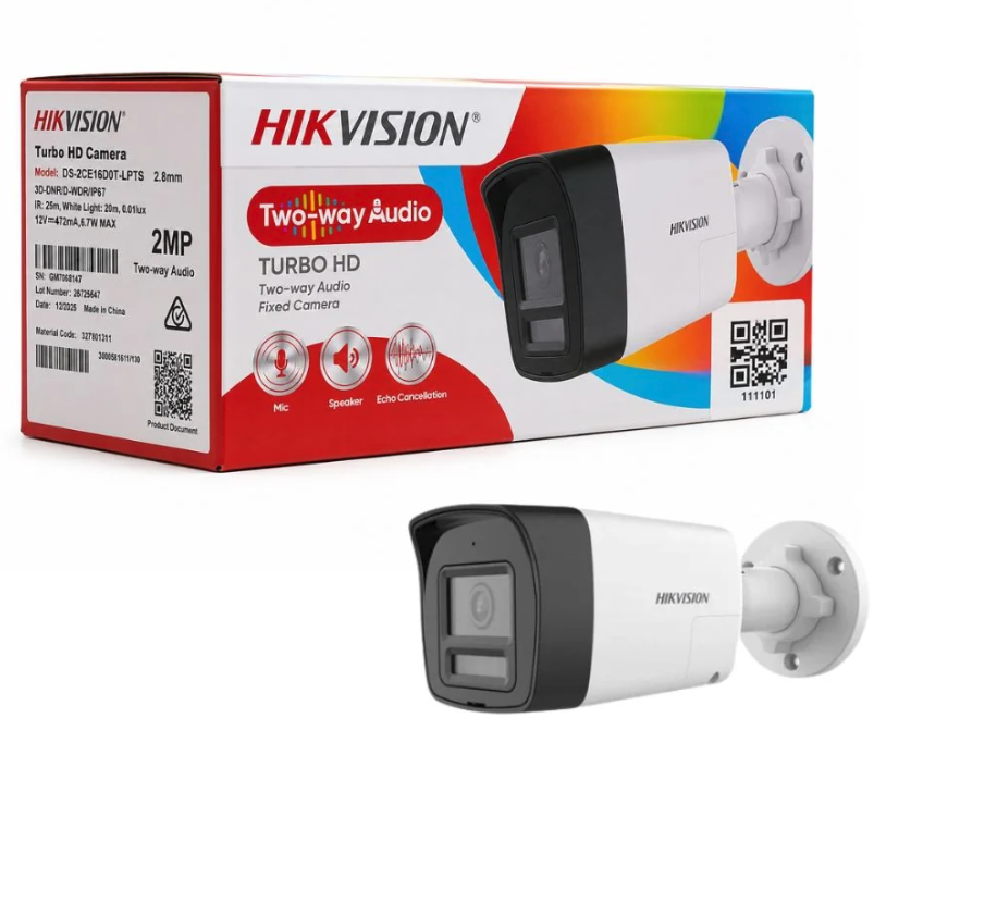 DS-2CE16D0T-LPTS CAMARA HIKVISION 2MP IR 25M COMUNICACION EN 2 VIAS TIPO BALA