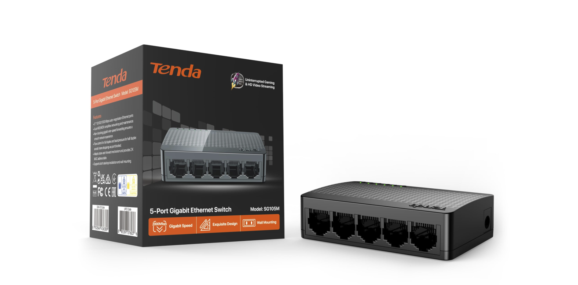 SG105   Switch SOHO de escritorio de 5 puertos Gigabit, marca Tenda